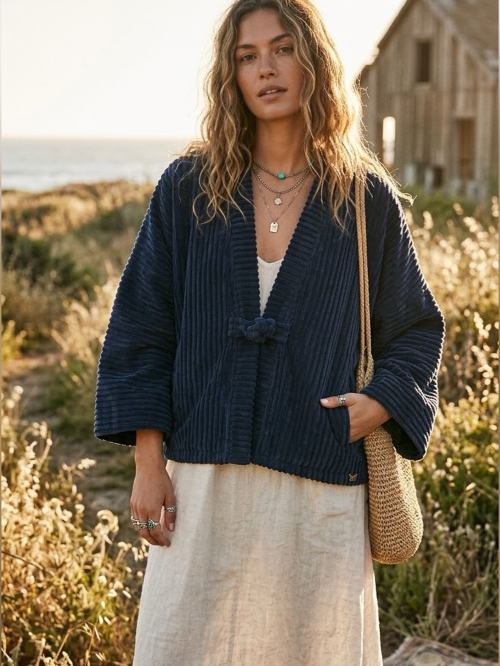 Navy Ribbed Oversized Navy Wide-Wale Corduroy Kimono Sweater Jacket